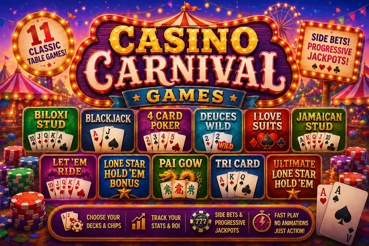 Casino Carnival Games – 11 Classic Table Games including Biloxi Stud, Blackjack, 4 Card Poker, Deuces Wild, Pai Gow and Tri Card